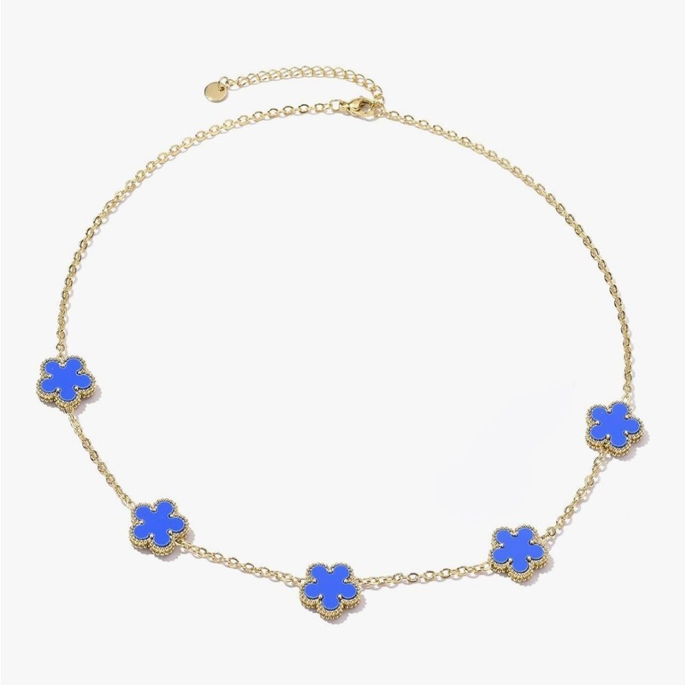 18K Gold Blue Enamel Four Leaf Clover Necklace Lucky Floral Charm Dainty Chain